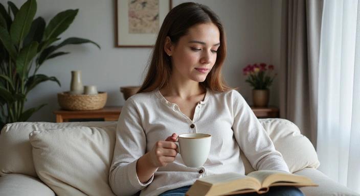 Žena relaxující s šálkem bylinkového čaje a knihou, v klidném a útulném prostředí.