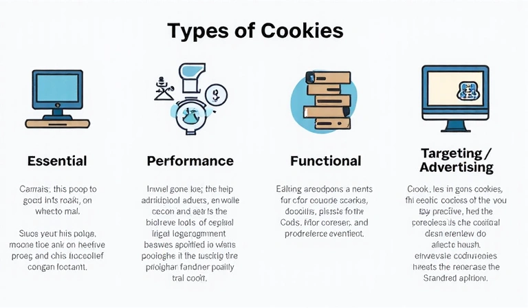 Grafické znázornění různých typů souborů cookie (nezbytné, výkonnostní, funkční, cílené) s jejich funkcemi