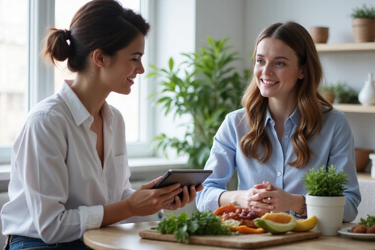Nutriční specialista vysvětluje klientce principy zdravé výživy v moderní kanceláři.